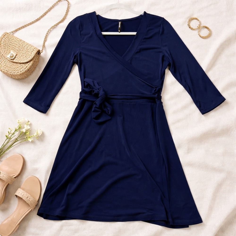 Janette Navy Blue Wrap Dress 3/4 Sleeve V-Neck Tie Waist Stretch Jersey Midi